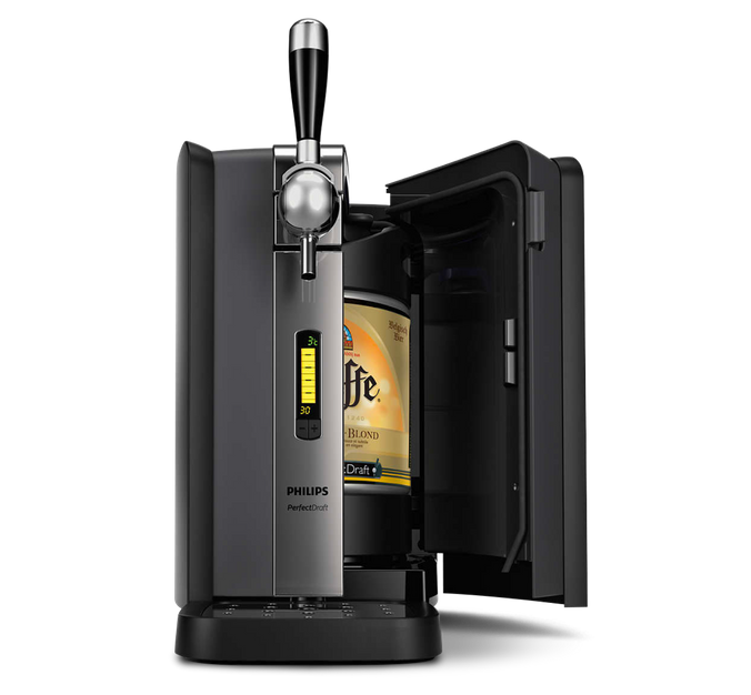 Opened perfectdraft machine with a Leffe keg inside