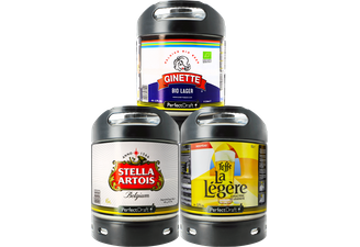 Fûts de bière - Assortiment 3 fûts 6L Lager : Stella Artois - Ginette Lager Bio - Leffe La Légère