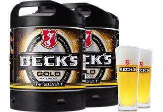 Fässer - 2-Pack Beck's Gold PerfectDraft 6 Liter Fässer+ 2 Gläser 25cl - Mehrweg