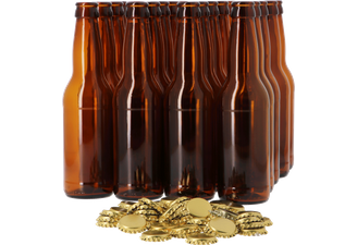 Empty bottles - Pack Longneck beer bottles 33 cl, brown, 26 mm, box of 24 units & Caps 26 mm, Gold, 100 units