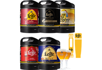 Fûts de bière - Pack 5 fûts + 2 verres : Leffe Légère - Leffe Ruby - Leffe Rituel - Leffe Royale - Leffe Noël + 2 verres + 1 Magnet Leffe