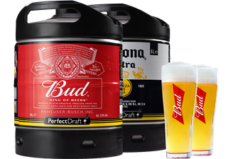 Fûts de bière - Pack 2 fûts 6L Bud - Corona + 2 verres Bud 33cl